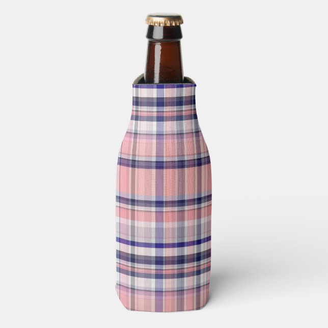 Rosa Navy Blue Weiße Preppy Madras Kariert Flaschenkühler (Flaschenvorderseite)