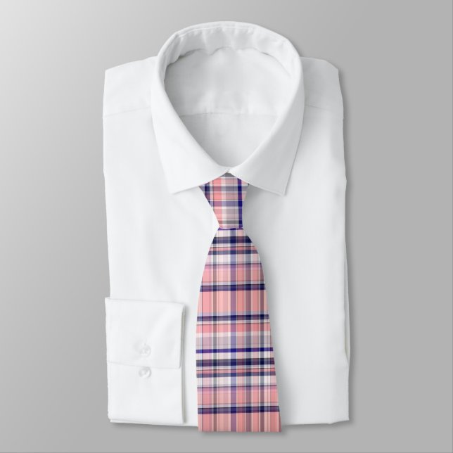Rosa Navy Blue Weiße Preppy Madras Kariert Krawatte (Gebunden)
