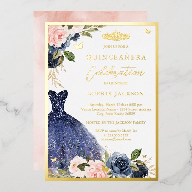 Rosa Navy Floral Tiara Kleid Quinceanera Folieneinladung (Vorderseite/Rückseite)