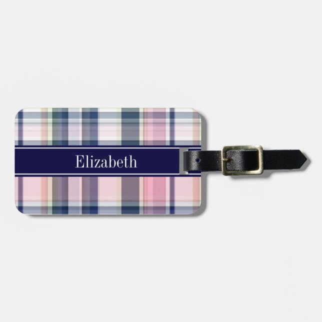 Rosa Navy Green White Preppy Madras N Monogram Gepäckanhänger (Vorderseite horizontal)