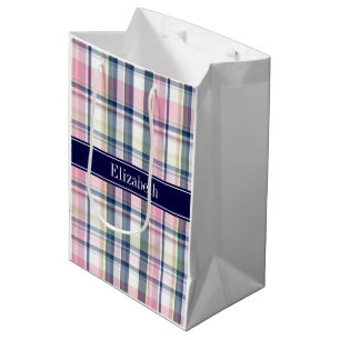 Rosa Navy Green White Preppy Madras N Monogram Mittlere Geschenktüte
