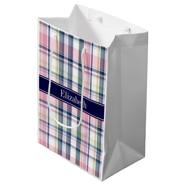 Rosa Navy Green White Preppy Madras N Monogram Mittlere Geschenktüte (Vorderseite Schrägansicht)