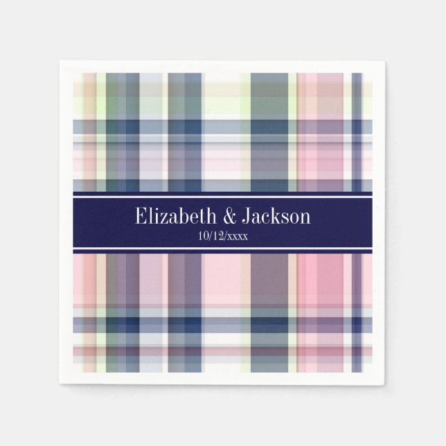 Rosa Navy Green White Preppy Madras N Monogram Serviette (Vorderseite)