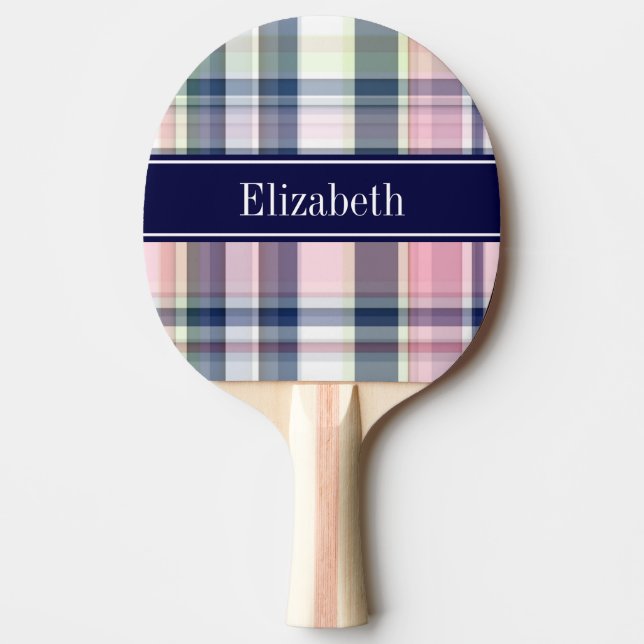 Rosa Navy Green White Preppy Madras N Monogram Tischtennis Schläger (Vorderseite)