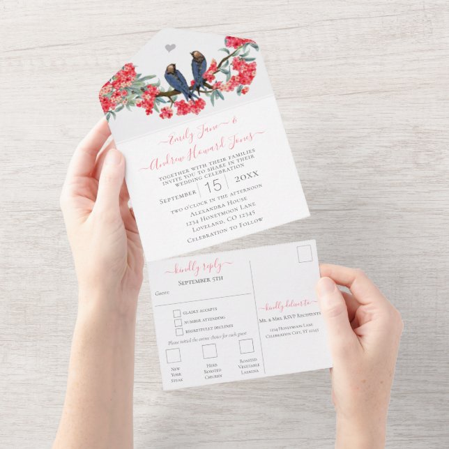 Rosa & Navy Secret Lovebird Forest Garden Wedding All In One Einladung (Abreißen)