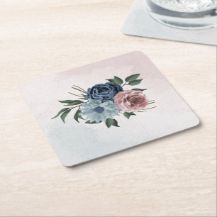 rosa navy staubblau floral greenery rechteckiger pappuntersetzer