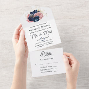 Rosa, Navy- und Gold-Blumenhochzeit All In One Einladung