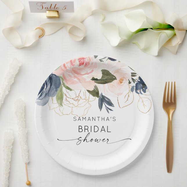 Rosa Navy Wasserfarbenes Brautparty Pappteller (Hochzeit)