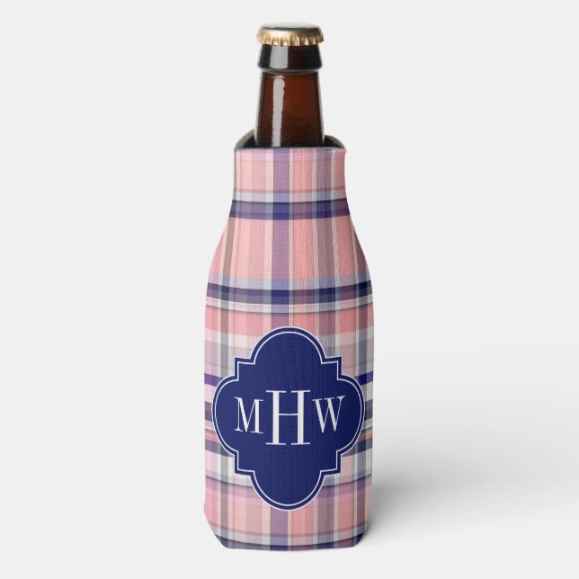 Rosa Navy Weiße Preppy Madras Quatrefolienmonogram Flaschenkühler (Flaschenvorderseite)
