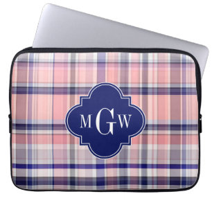 Rosa Navy Weiße Preppy Madras Quatrefolienmonogram Laptopschutzhülle