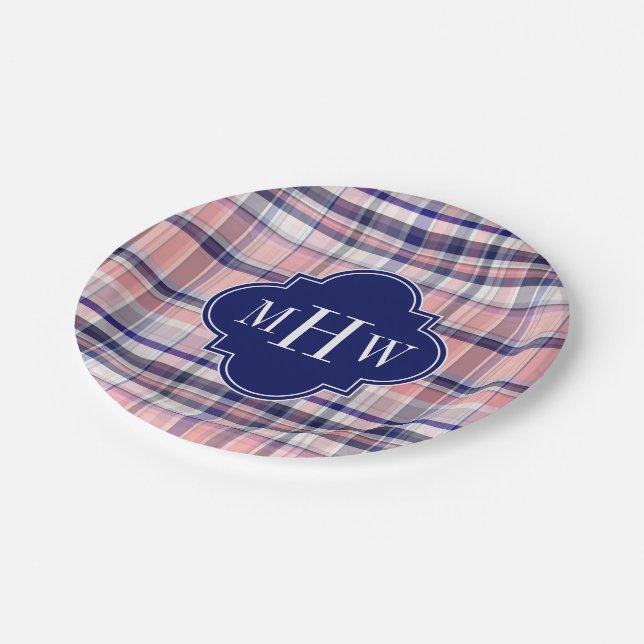 Rosa Navy Weiße Preppy Madras Quatrefolienmonogram Pappteller (Schrägansicht)