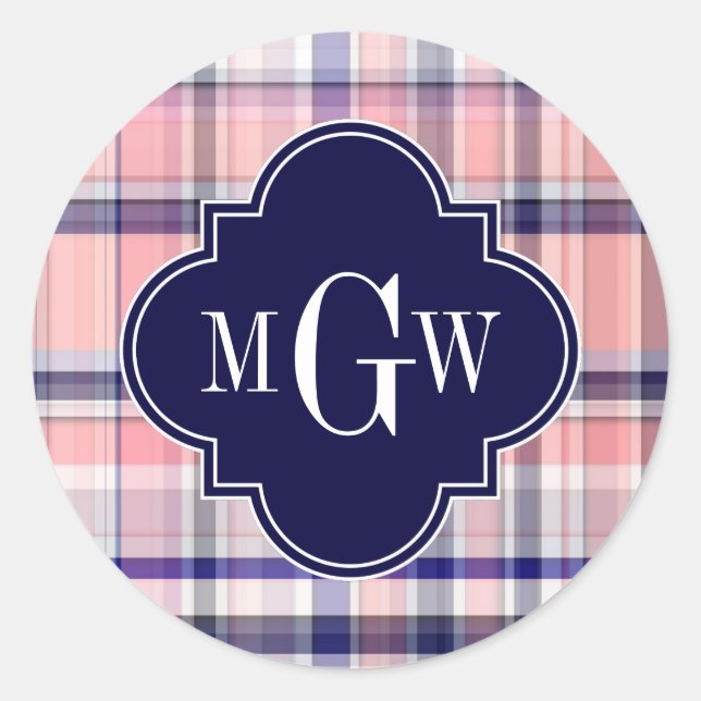 Rosa Navy Weiße Preppy Madras Quatrefolienmonogram Runder Aufkleber (Vorderseite)