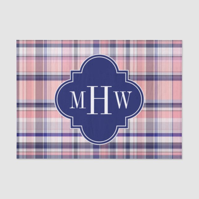 Rosa Navy Weiße Preppy Madras Quatrefolienmonogram Seidenpapier (Vorderseite)