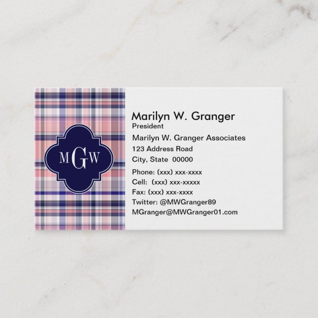 Rosa Navy Weiße Preppy Madras Quatrefolienmonogram Visitenkarte (Vorderseite)