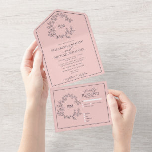 Rosa Navyblau Blätter-Monogramm-Wappen Hochzeit All In One Einladung