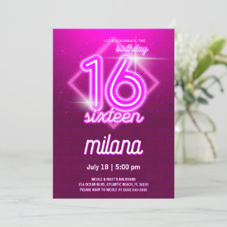 Rosa Neon 16. Geburtstagsparty Einladungskarte