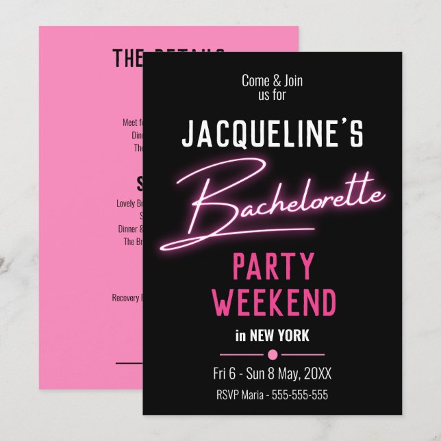 Rosa Neon Junggeselinnen-Abschied Weekend Tour Einladung (Vorne/Hinten)