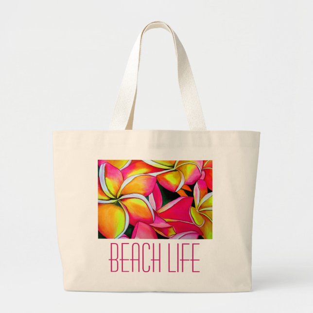 Rosa Neon Strandkunst Frangipani Plumeria Jumbo Stoffbeutel (Vorne)