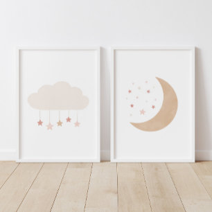 Rosa neutrale Wolke und Kinderzimmer der Mond Girl Bilderwand Sets