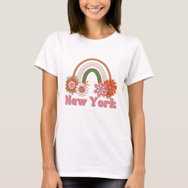 Rosa New York Power Blume Retro T - Shirt (Vorderseite)