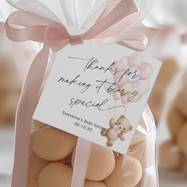 Rosa Niedlich können wir schon lange auf die moder Geschenkanhänger (Pink We Can Bearly Wait, Teddy Bear Gender Neutral baby Shower Favor Tags.)