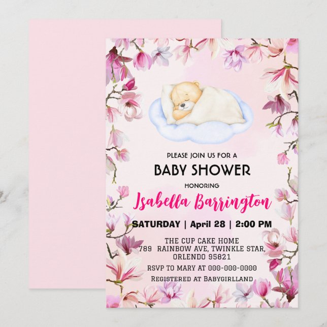 Rosa Niedlich Teddy Bear cub Blume Baby Dusche Kin Einladung (Vorne/Hinten)