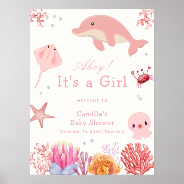 Rosa Niedlich unter dem Meer Dolphin Babydusche Em Poster (Vorne)