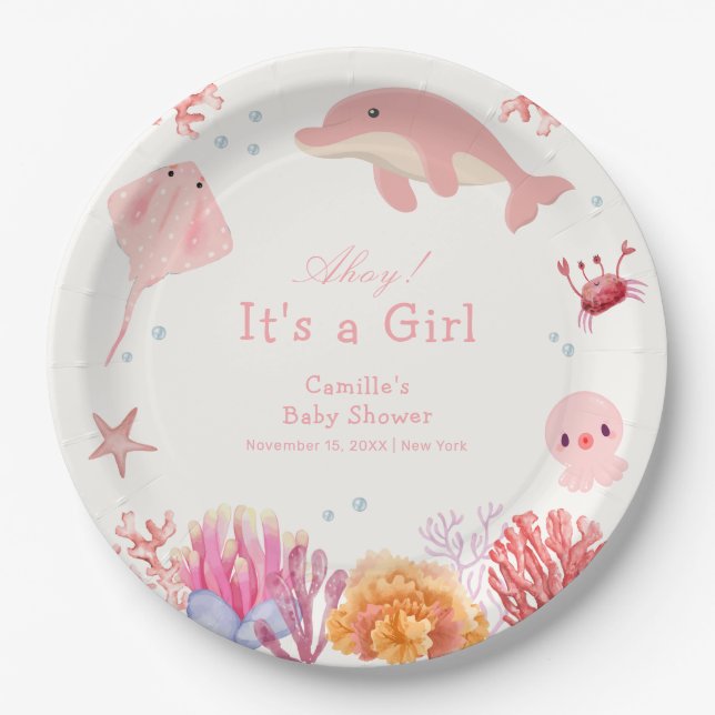 Rosa Niedlich unter dem Meer Dolphin Girl Dusche Pappteller (Vorderseite)