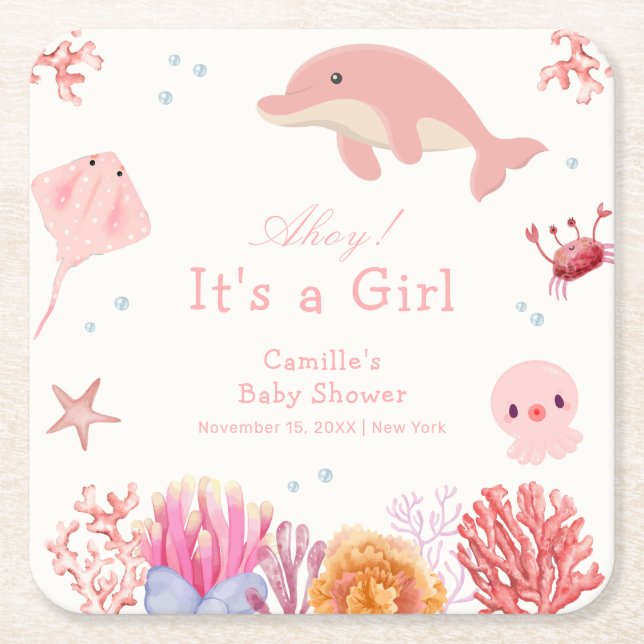 Rosa Niedlich unter dem Meer Dolphin Girl Dusche Rechteckiger Pappuntersetzer (Vorderseite)
