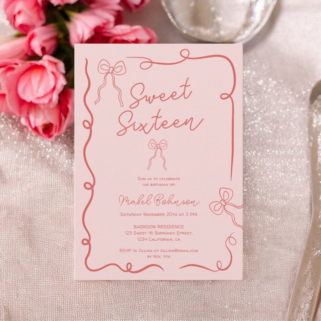 Rosa niedliche Bögen Bänder Illustrationen Sweet 1 Einladung (Pink red cute bows ribbons illustrations Sweet 16 Invitation)