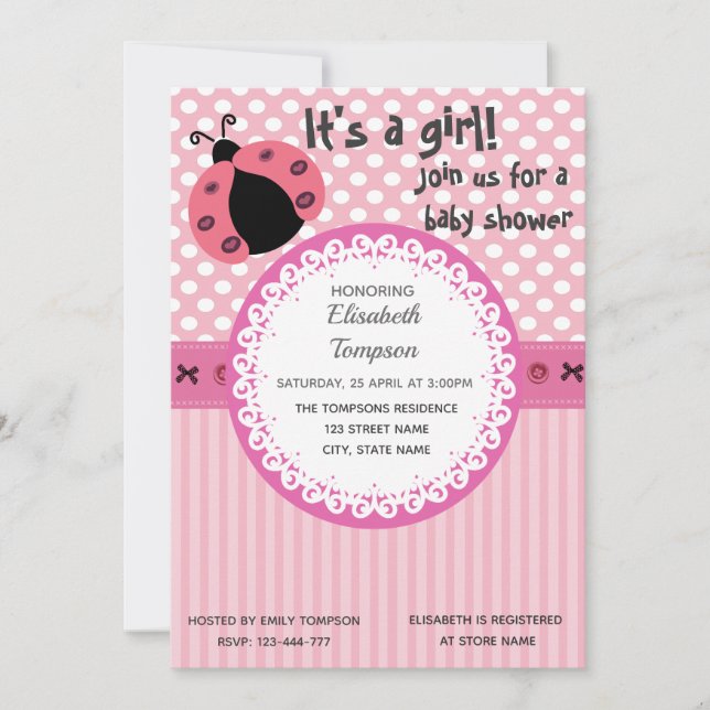 Rosa niedliche Cartoon Ladybug Babydusche Einladung (Vorderseite)