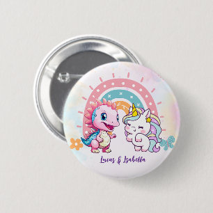 Rosa Niedliche Einhorndinosaurier Regenbogen Gebur Button