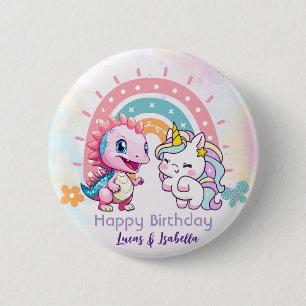 Rosa Niedliche Einhorndinosaurier Regenbogen Gebur Button