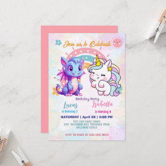 Rosa Niedliche Einhorndinosaurier Regenbogen Gebur Einladung