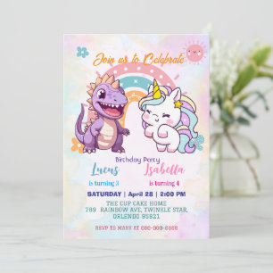 Rosa Niedliche Einhorndinosaurier Regenbogen Gebur Einladung