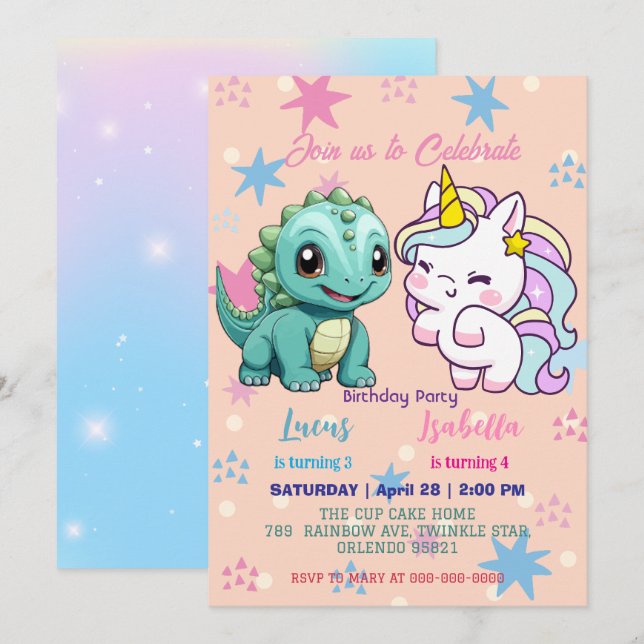 Rosa Niedliche Einhorndinosaurier Regenbogen Gebur Einladung (Vorne/Hinten)
