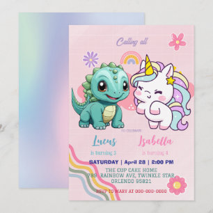 Rosa Niedliche Einhorndinosaurier Regenbogen Gebur Einladung