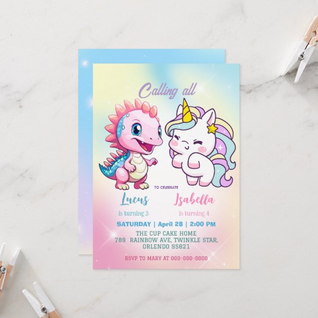 Rosa Niedliche Einhorndinosaurier Regenbogen Gebur Einladung (Vorderseite/Rückseite Beispiel)