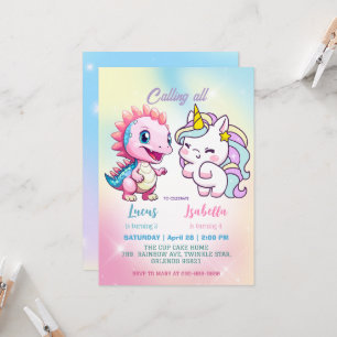 Rosa Niedliche Einhorndinosaurier Regenbogen Gebur Einladung