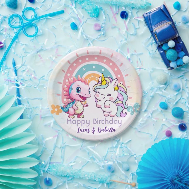 Rosa Niedliche Einhorndinosaurier Regenbogen Gebur Pappteller (Party)