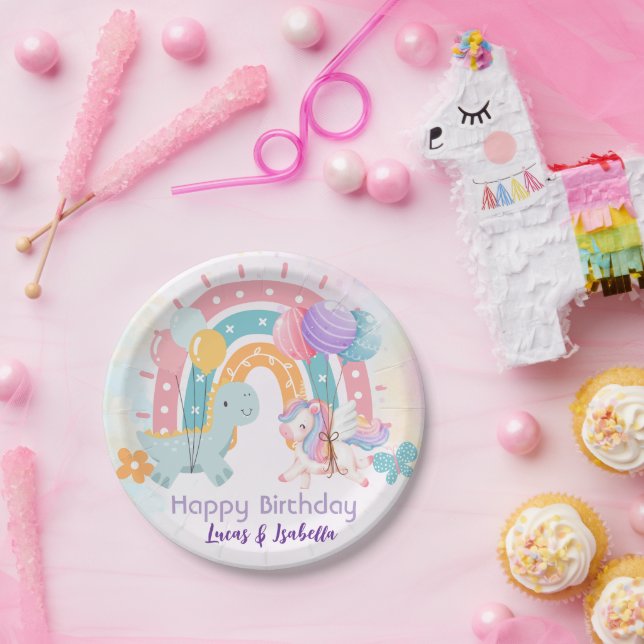 Rosa Niedliche Einhorndinosaurier Regenbogen Gebur Pappteller (Party)