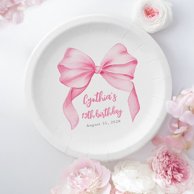 Rosa Niedliche Geburtstag Party Pappteller (Pink Bow Birthday Paper Plates)