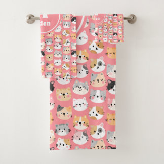 Rosa Niedliche Katzen Monogramm Name Badhandtuch Set