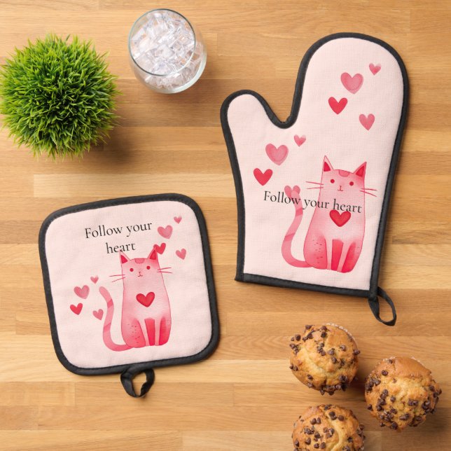 Rosa Niedliche Katzenherzen Ofenhandschuh & Topflappen-Set (Oben Unten)