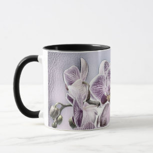 Rosa niedliche Orchideen-Blume und zeichnend Schme Tasse