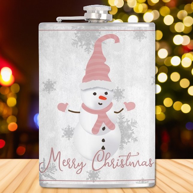 Rosa Niedliche Schneedecke Flachmann (Pink Cute Snowman Holiday Flask)