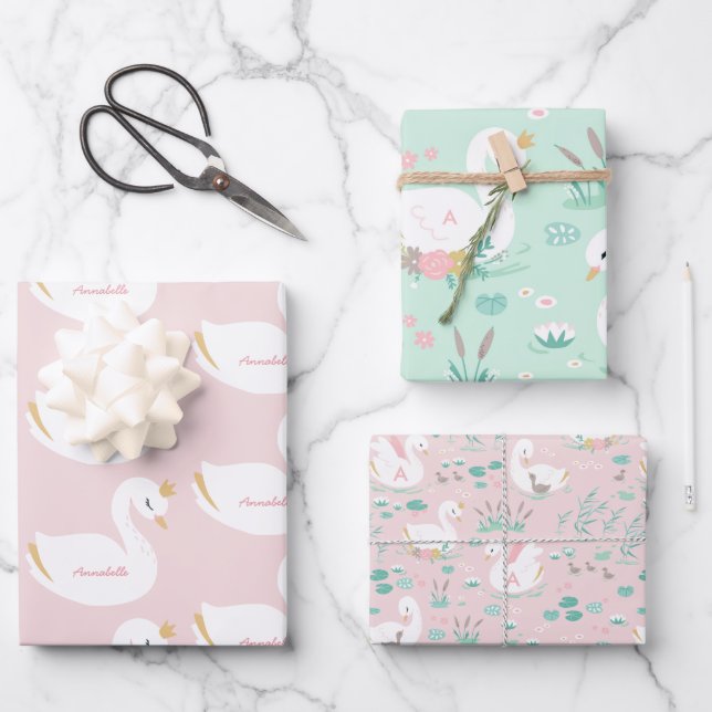 Rosa niedliche Schwanenkinder  Geschenkpapier Set (Vorderseite)