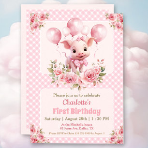Rosa Niedliche Schweinefarm Mädchen 1. Geburtstag Einladung