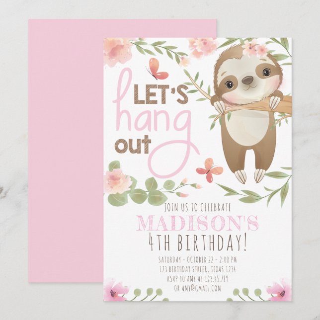 Rosa Niedliche Sloth Girl Geburtstagsfeier Einladung (Vorne/Hinten)
