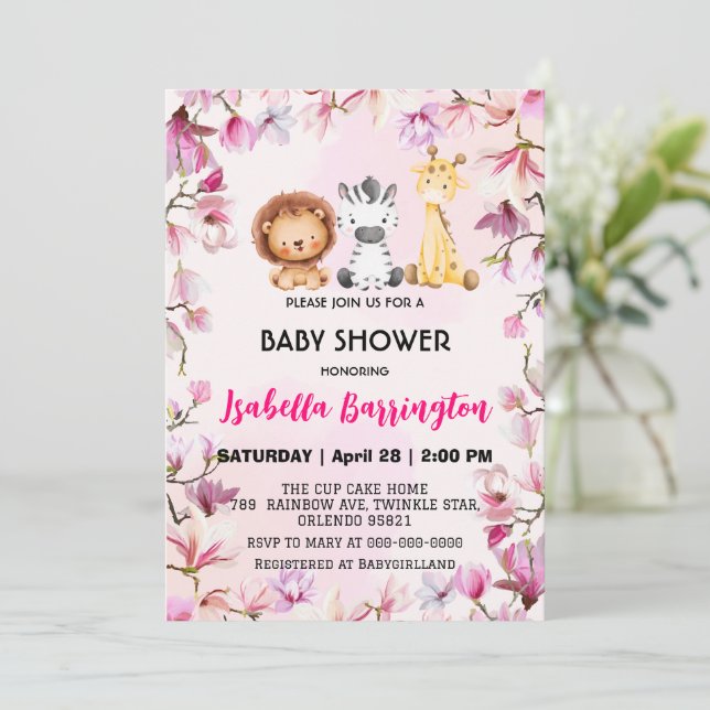 Rosa Niedliche Wildcupsafari Blume Babydusche Kind Einladung (Stehend Vorderseite)